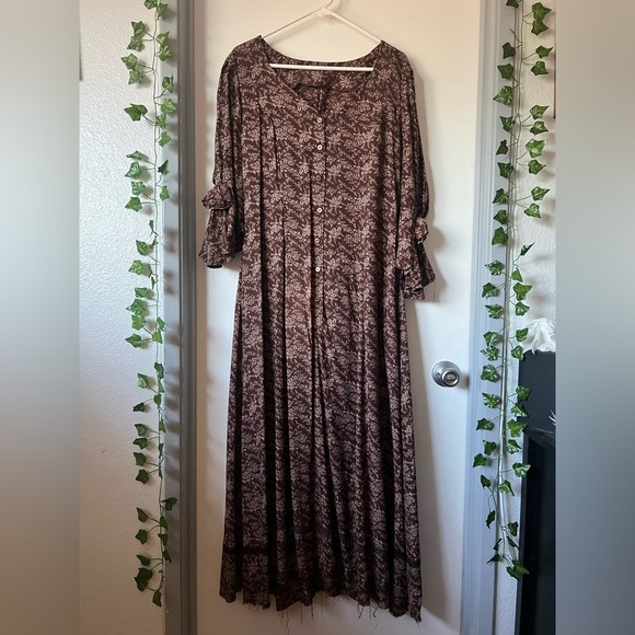 Handmade women’s floral rosette button down prairie dress in brown cream Size 14 - Picture 1 of 13
